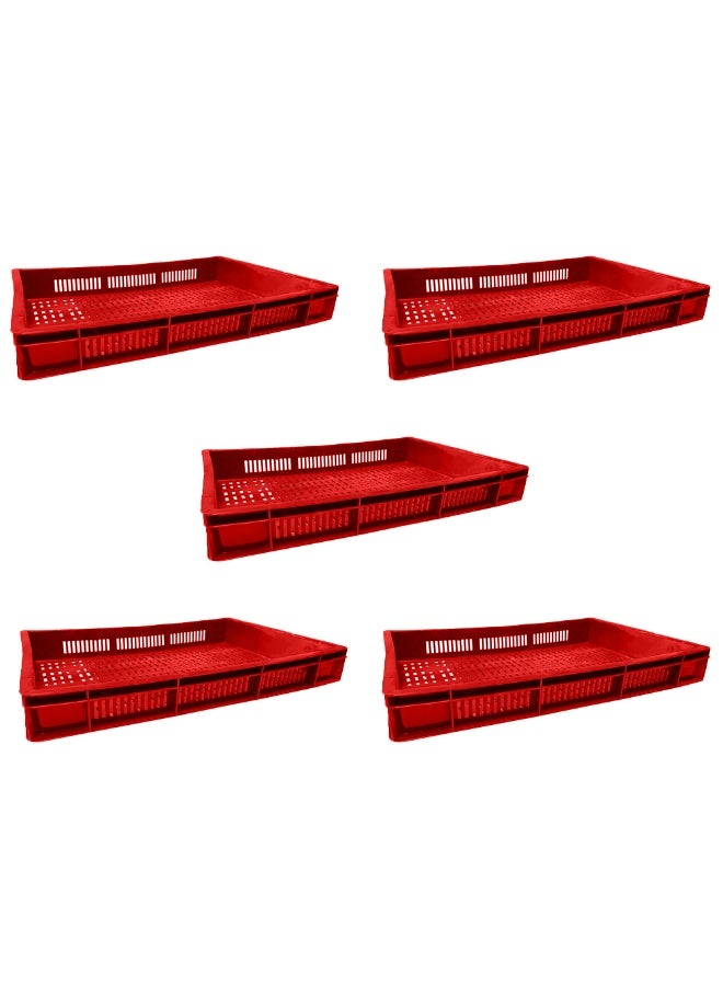 5pcs of Plastic Storage Crate 600x400x80mm Stackable Food Grade Ventilated Catering Crate Heavy Duty - Red